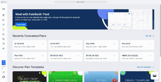 Gif showing Plan feature of Fabrikatör for forecast and plan inventory for speacial events like Black Friday and Cyber Monday (BFCM).