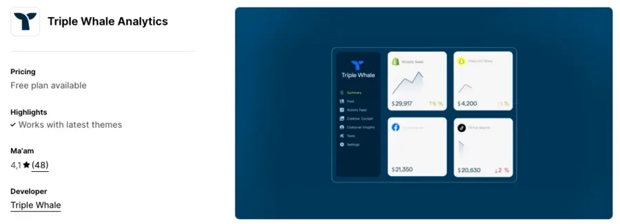 Image showing Triple Whale Analytics as one the best Shopify marketing apps for Black Friday and Cyber Monday.