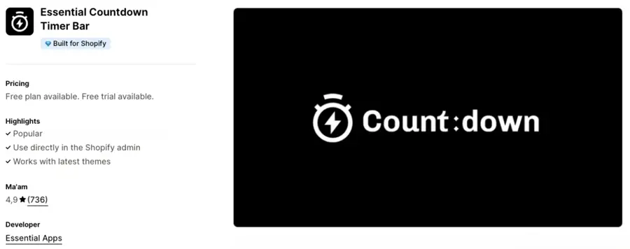 Image showing Essential Countdown Timer app as one the best Shopify marketing apps for Black Friday and Cyber Monday.