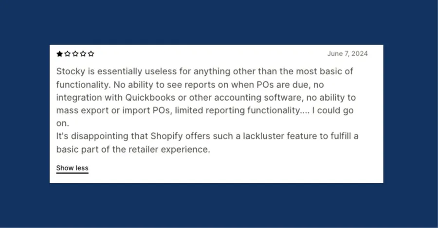 A Shopify App Store comment for Stocky inventory solution app.