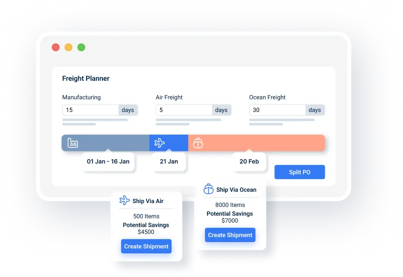 Image showing the freight planning page of Fabrikatör inventory planning assistant.