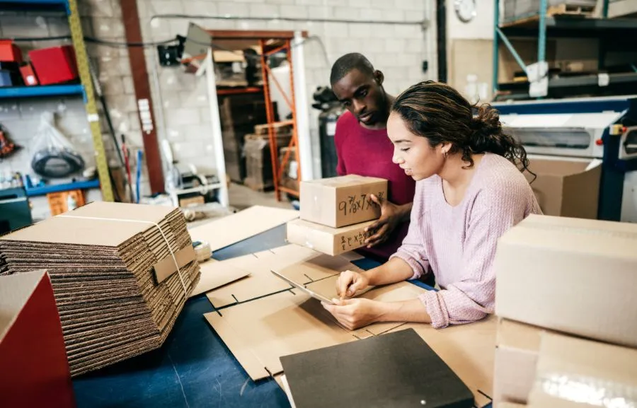 Warehouse employees checking inventory.