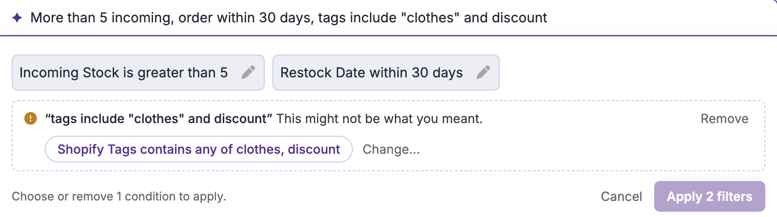 The redesigned AI search with Incoming Stock and Restock Date filters ready, and a question about the words tags include clothes and discount, suggesting Shopify Tags contains any of clothes, discount