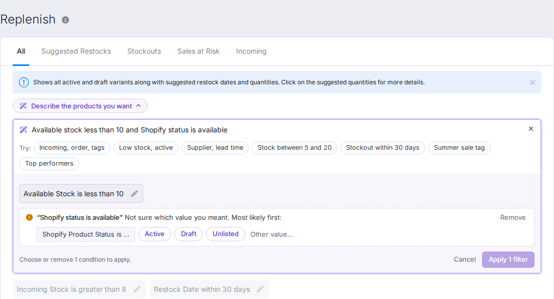 The revised interface preserving the stock filter and offering status alternatives