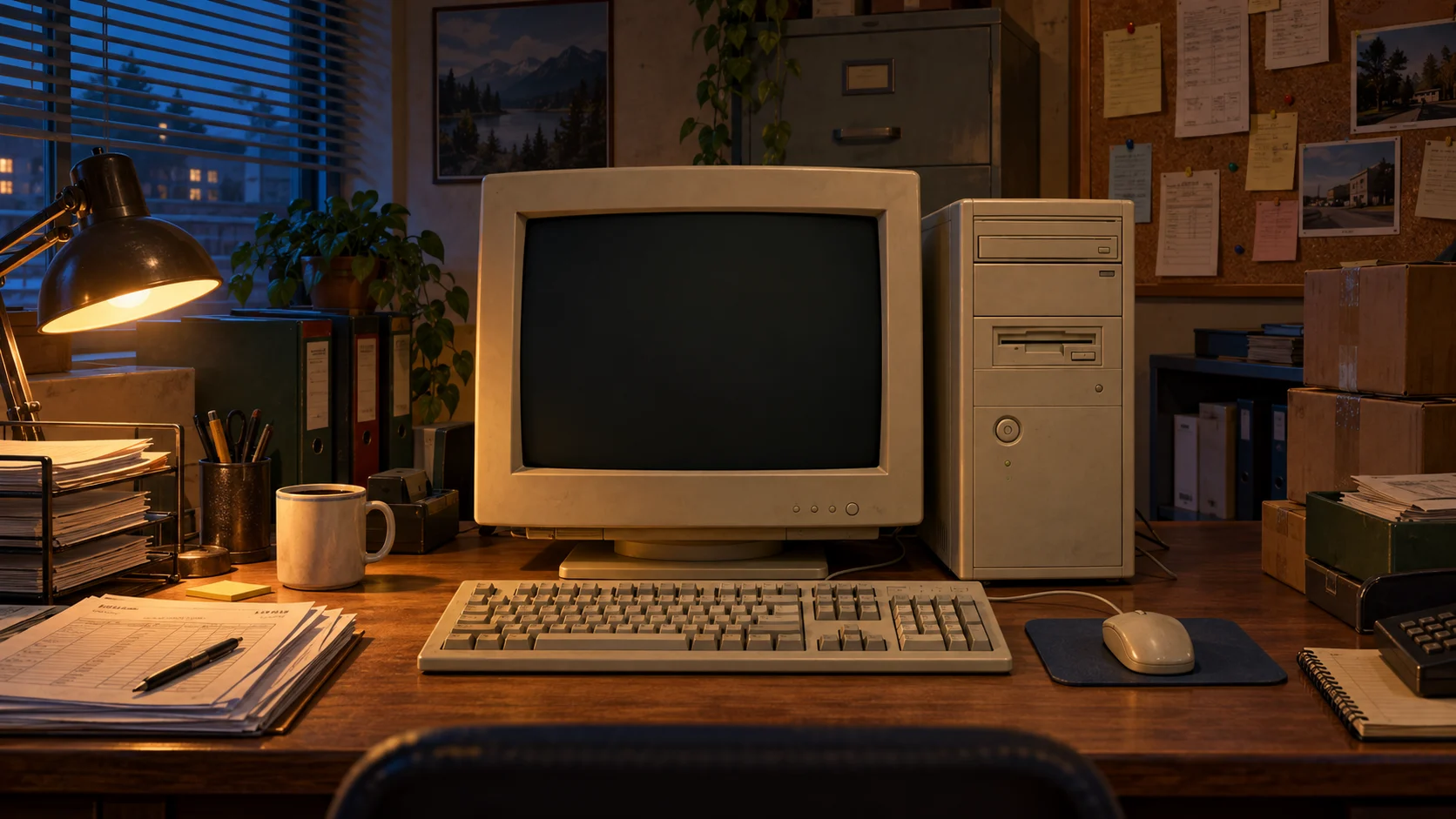 A beige computer on a cluttered office desk in 1998